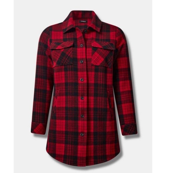TORRID NWT Red Plaid Cotton Brushed Midi Shacket - Picture 3 of 6
